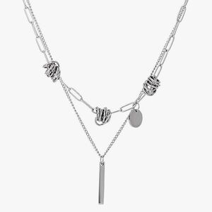 Layered Pendant Necklace Women Fixed Double Chain Circle & Bar Stainless Steel